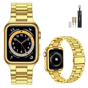 Imagem de MioHHR Pulseira de substituição ultrafina compatível com Apple Watch 44/42/40/38 mm, pulseira de metal de aço inoxidável sólido feminino e masculino para iWatch SE Series 6/5/4/3/2/1 (ouro amarelo, 42/44 mm)