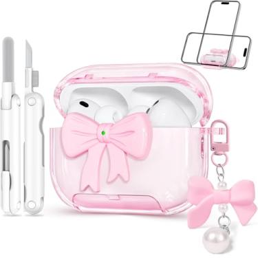 Imagem de Joremx Capa para Airpods Pro 3 2025, capas transparentes com arco 3D com suporte de telefone, chaveiro de borboleta fofa e kit de limpeza, capa de TPU macio para AirPods Pro 3ª geração, meninas