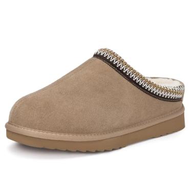 Imagem de Pantufas femininas masculinas com plataforma de camurça genuína, sem cadarço, confortáveis, resistentes à água, pele sintética, quente, inverno, felpudo, para uso interno e externo, Caqui, 8 Women/6