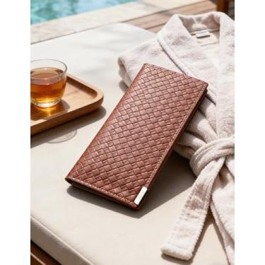 Imagem de Carteira masculina ultrafina de design de tecido, carteira longa de couro com bloqueio RFID e vários compartimentos para cartão, organizador casual de grande capacidade (bronzeado claro)