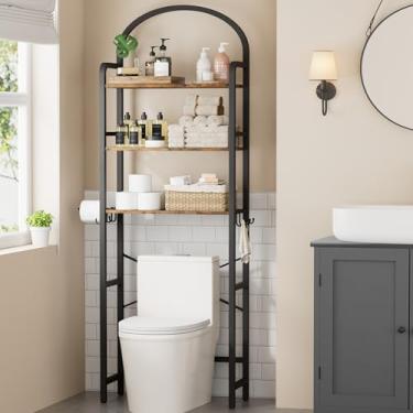 Imagem de Homhedy Armazenamento de vaso sanitário de 3 camadas com 4 ganchos e suporte de papel, economia de espaço, organizador de banheiro com pés ajustáveis, moldura de metal e prateleira de madeira, marrom