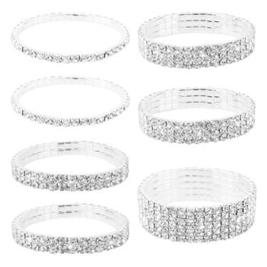 Imagem de 7 Peças Conjunto de Bracelete Strass para Mulheres, Prata Brilhante Circonita Cúbica Tênis Braceletes Elásticos Bling Noiva Casamento & Acessórios Festa Joia Presente