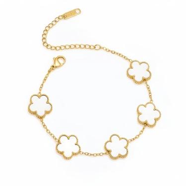 Imagem de Pulseira feminina de trevo de cinco folhas, banhada a ouro 18K, delicada, pingente da sorte, pulseira ajustável em aço inoxidável hipoalergênico - joia elegante para presente diário para ela