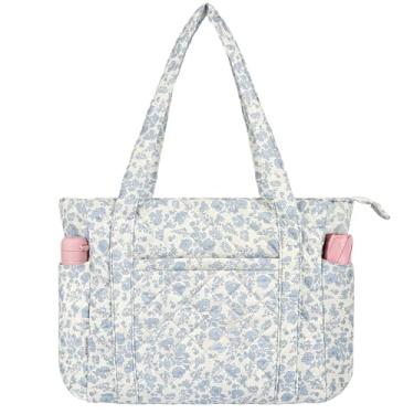 Imagem de WOBAGMEN Bolsa feminina acolchoada leve e acolchoada com zíper, bolsa de ombro grande para trabalho, viagens, academia, Floral azul, Medium