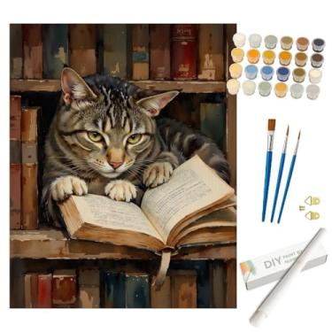 Imagem de Kit de pintura intelectual com bigodes por números para adultos – Pintura de leitura de gato malhado DIY enrolada em tela 40,6 x 50,8 cm, conjunto de tinta acrílica, adequado para iniciantes, ótimo