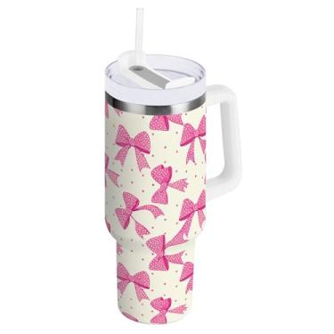 Imagem de SEHANY Copo fofo com laço rosa de 1,134 g com alça, copo isolado de aço inoxidável a vácuo de parede dupla, à prova de vazamento, caneca de café isolada para viagem cabe no suporte de copo de carro