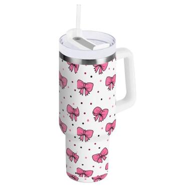 Imagem de SEHANY Copo fofo com laço rosa de 1,134 g com alça, copo isolado de aço inoxidável a vácuo de parede dupla, à prova de vazamento, caneca de café isolada para viagem cabe no suporte de copo de carro