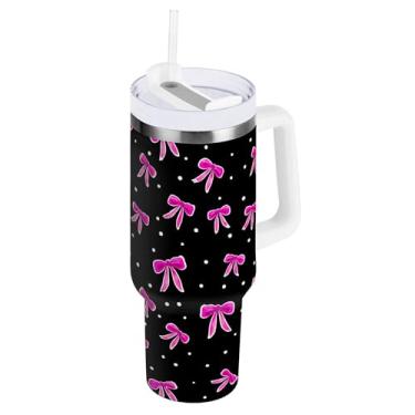 Imagem de SEHANY Copo fofo com laço rosa de 1,134 g com alça, copo isolado de aço inoxidável a vácuo de parede dupla, à prova de vazamento, caneca de café isolada para viagem cabe no suporte de copo de carro