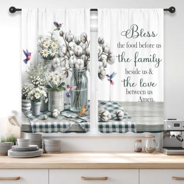 Imagem de Riyidecor Cortinas de cozinha rústicas curtas pequenas para casa de fazenda floral planta de flor cinza cinza prancha de madeira pássaro campo bolso de vara citações quarto sala de estar tratamento