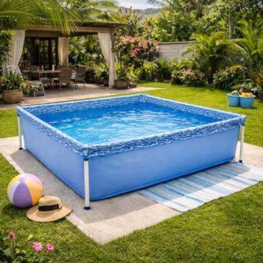 Imagem de Piscina Infantil 400 Litros Quadrada com Estrutura Metálica Azul,om Válvula de Deságue,Ideal para Crianças, Área Externa e Diversão no Verão