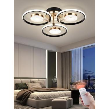 Imagem de Luminária de teto LED preta moderna com design de anel redondo, dimerizável e com controle remoto. Lustre criativo em acrílico para sala de estar, quarto e sala de jantar (3+3 lâmpadas).