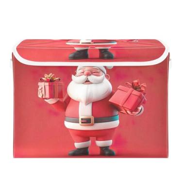 Imagem de SEHANY Linda caixa de armazenamento de Papai Noel de Natal com tampas e alças, organizador de cestas de armazenamento de tecido dobrável, caixas de armazenamento de cubos grandes para roupas, cobertor