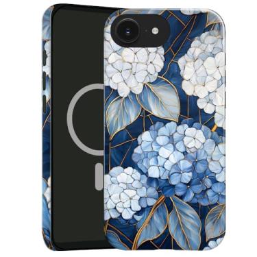 Imagem de Capa compatível com iPhone 16e, capa rígida híbrida brilhante de 2 camadas, à prova de choque para meninas e mulheres [compatível com MagSafe] - Hortênsia azul floral artística