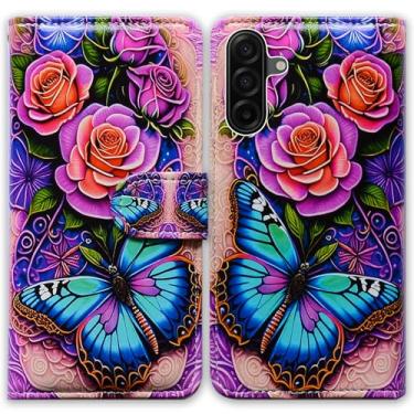 Imagem de Bcov Capa para Galaxy A17 5G, Borboleta Azul Flores Rosa Couro Flip Capa Carteira com Suporte para Cartão Capa Kickstand para Samsung Galaxy A17 5G