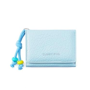 Imagem de Bolsa de moedas portátil adorável couro PU bonito bolsas de três dobras estilo coreano bolsa de dinheiro cor doce carteira feminina (azul)