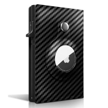 Imagem de EnjoIt Carteira fina minimalista AirTag, couro legítimo, tecnologia RFID, porta-cartões de crédito, clipe fino para dinheiro para homens, com caixa de presente (não inclui AirTag), Carbono preto
