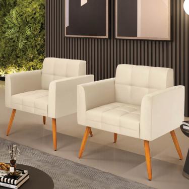 Imagem de Poltrona Sala Decorativa Kit 2 Elisa Pé Palito Castanho Sintético PU Bege D03 - D'Rossi