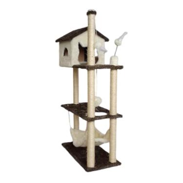 Imagem de Arranhador Casa Alta para Gatos, 3 Plataformas e Rede Grande, Torre com Poste de Sisal e Bola de Pelúcia, Brinquedo Interativo(CREME)