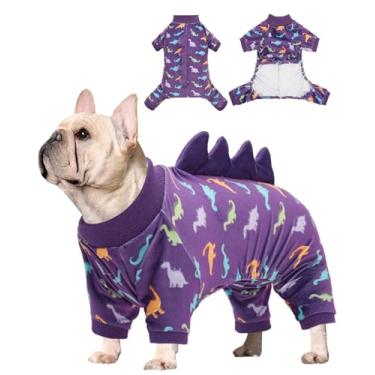 Imagem de CuteBone Pijama de fantasia de dinossauro para cães, casaco de dormir de veludo de cristal de elastano elástico para cães pequenos, roupas macias e quentes para o clima frio, pulôver aconchegante com