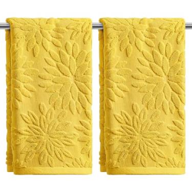 Imagem de Artoid Mode 2 peças de toalhas de mão amarelas 3D dália floral jacquard primavera para banheiro, 100% algodão macio absorvente toalha de decoração de banheiro, 14,7 x 29,5 polegadas
