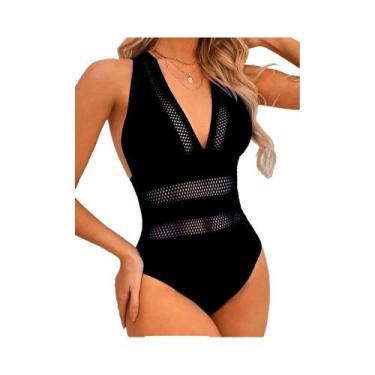 Imagem de Maiô Feminino Sexy De Malha Com Patchwork, Peça Única, Decote Em V Pro