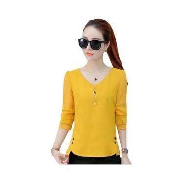 Imagem de Blusa De Chiffon Feminina De Manga Longa Com Decote Em V Estilo Casual