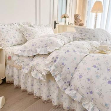 Imagem de AMZTOP Capa de edredom de algodão floral tamanho casal 3 peças, capa de edredom 100% algodão natural com 2 fronhas com babados, roxo estético todas as estações, respirável, macio, confortável, capas