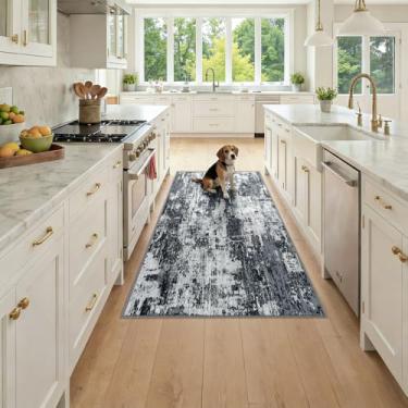 Imagem de RELEANY Tapetes laváveis 3x6 antiderrapantes modernos abstratos macios para sala de estar, entrada, quarto, berçário, padrão impresso, preto e cinza