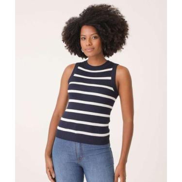 Imagem de Blusa Regata Feminina Listrada Tricô Marisa-16395, Bege, Azul, GG