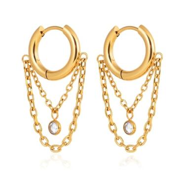 Imagem de Brincos pendentes de argola pequena com borla para mulheres, moda moderna, corrente de aço inoxidável, elos minimalistas, cartilagem, argolas, solitário zircônia cúbica banhada a ouro 18K, joia de