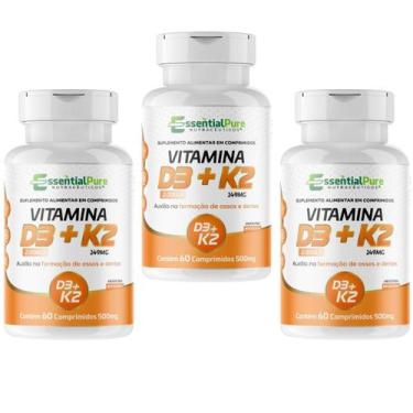 Imagem de Vitamina D3 2000ui + K2 145mg 180 Comprimidos 500mg Natural - Essencia