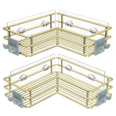 Imagem de Nieifi Prateleiras de chuveiro de canto de aço inoxidável, suporte adesivo para cesto de chuveiro com ganchos, à prova de ferrugem para prateleira de banheiro, suporte de xampu (dourado, pacote com 2)