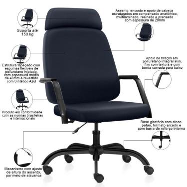 Imagem de Cadeira De Escritório Giratória Diretor Com Apoio De Cabeça Hub F02 Sintético Azul - Lyam Decor