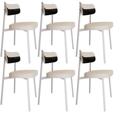 Imagem de Kit 06 Cadeiras Estofada Para Sala De Jantar Astrid Branco C01 Linho Palha Courino Preto - Lyam Decor