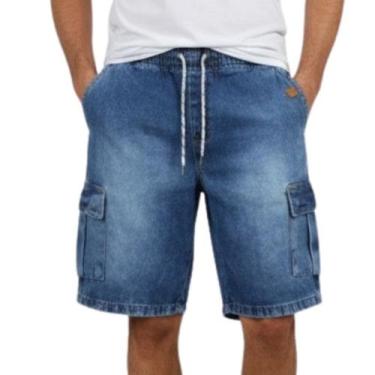 Imagem de Bermuda Jeans Masculina Cargo 100% Algodão Cós Elástico Cordão - EKCES