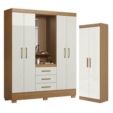 Imagem de Kit Guarda Roupa Solteiro Paris 4 Portas 3 Gavetas MDP Atacama Off White + Armário Multiuso Aramóveis