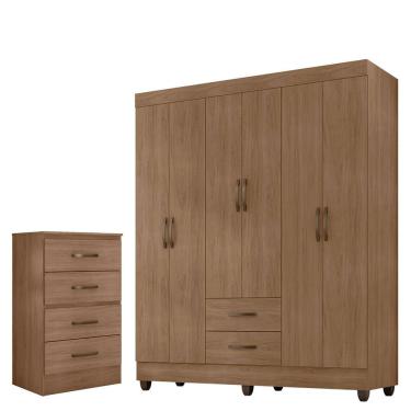 Imagem de Kit Guarda Roupa Casal com Cômoda 6 Portas de Bater 4 Gavetas MDP com Prateleiras Textu...