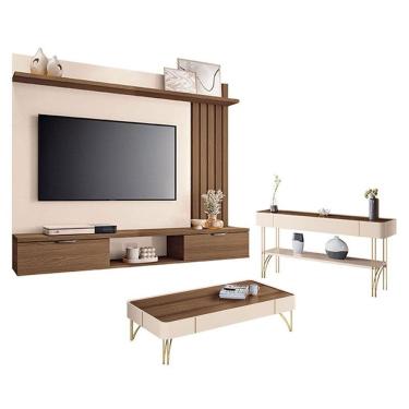 Imagem de Painel Suspenso Lets Castanho Off White com Mesa de Centro Cadenza e Aparador Vivant Off White Castanho - HB Móveis