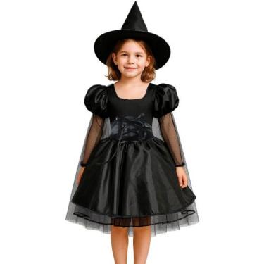 Imagem de Fantasia Halloween pra Meninas Infantil Vestido Preto de Bruxa Medieva