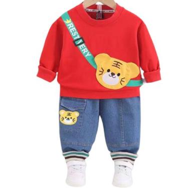 Imagem de Conjunto Roupa Moletom Infantil Urso Jeans Festa Menino - anjo da mamã