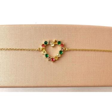 Imagem de Pulseira feminina coração zirconia colors banho em ouro - DUMMER JOIAS