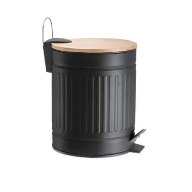 Imagem de Lixeira Fluted Preta 3l Metal com Tampa de Bambu - JOLITEX TERNILLE