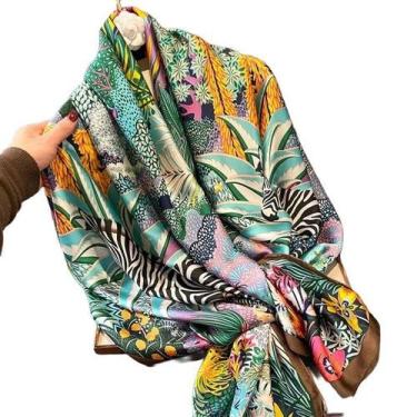 Imagem de Lenço Cetim Retangular 1,6 mt Florido com Zebra - Pistache Acessórios,