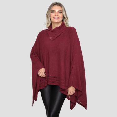 Imagem de Poncho Feminino Tricot Mousse Liso Gola Alta Casaco Lã Inverno - GIP, 
