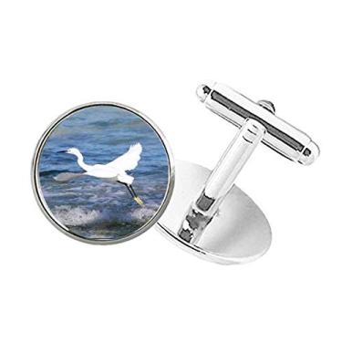 Imagem de DIYthinker Abotoaduras com clipe de botão redondo com imagem do mar e pássaro branco oceano