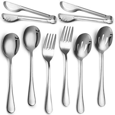 Imagem de Patelai Conjunto de 8 peças de utensílios de servir prata de aço inoxidável de 22 cm, colheres grandes e escumadeira de 24 cm, garfos de 23 cm, talheres de festa de casamento, buffet, banquete