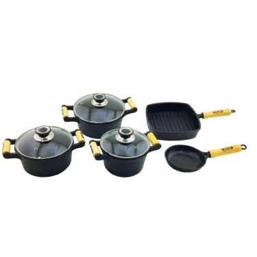 Imagem de Jogo 3 Caçarolas Alça Madeira Tampa Vidro e 2 Frigideiras