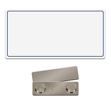 Imagem de Etiqueta de nome/crachá em branco com borda azul – Pacote com 10 – Plástico branco 3 x 1-1/2 – Feito nos EUA!