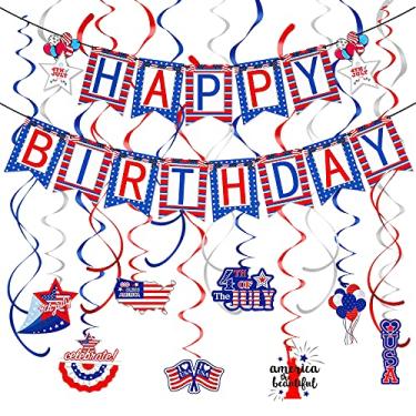 Imagem de Conjunto de decorações patrióticas de aniversário de 4 a 4 de julho, banner de feliz aniversário vermelho e branco e azul e 16 peças de espirais para pendurar artigos de decoração de festa