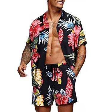 Imagem de Conjuntos de camisas havaianas com estampa floral verão masculino manga curta e cordão calça curta conjunto de 2 peças terno respirável, E, M (busto: 113cm)